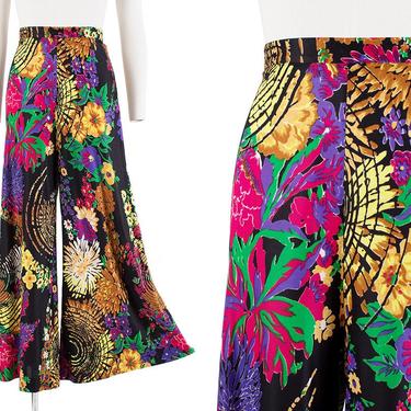 Vintage 1970s Pants | 70s Floral Psychedelic Printed High Waisted Wide Leg Pants (medium) 