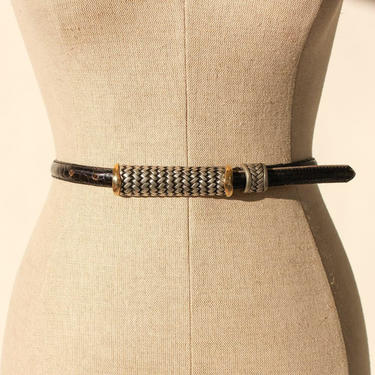 Vintage 90s Vicenza Black Crocodile Embossed Leather Whip Design Belt w/ Gold &amp; Silver Buckle | Made in Italy | #1307 | 1990s Designer Belt 