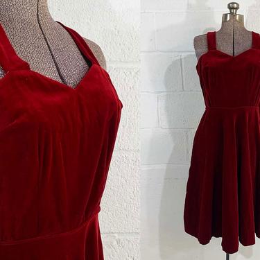 Vintage Red Velvet Dress Sweetheart Neckline Evening Prom Wedding New Year's Lolita 1960s Sleeveless Boho Party Cocktail Goth Holiday Small 