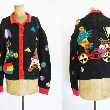 Vintage 80s Kawaii Teddy Bear Cardigan Sweater S M - 1988 Lisa Nichols Knit Novelty Cardigan - Dancing Circus Bears Hand Knit Sweater 