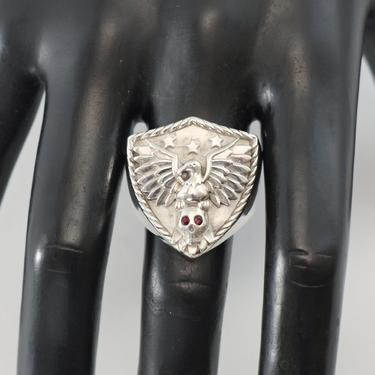 90's sterling raven on garnet-eyed human skull size 8.25 biker signet ring, heavy JG 925 silver gothic rocker shield ring 