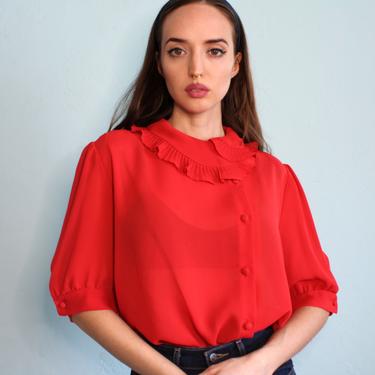Vintage 70s Blouse, Sheer Red Ruffle Collar Off Center Button Shirt by Tom & Tom Paris New York, Size Large 