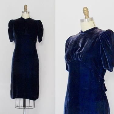 VELVET CRUSH Vintage 30s Dress | 1930s Silk Blue Velvet Cocktail Dress with Puff Sleeves | 40s 1940s, Art Deco, Swing, Holiday | Size Small 