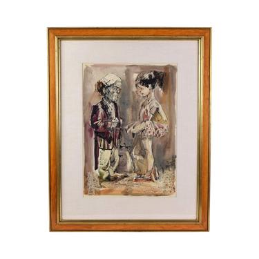 Vintage Mid-Century Watercolor Painting Circus Dwarf w Little Girl in Tutu Locca 