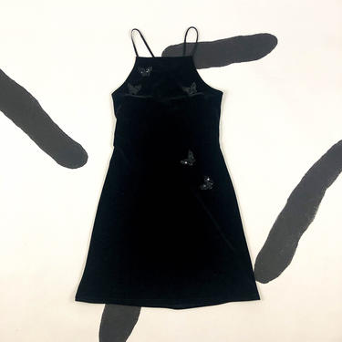 90s Black Velvet Spaghetti Strap Mini Dress with Beaded Butterfly Details / Square Neck / y2k / Halter / Sparkle / 00s / Goth / Small / 