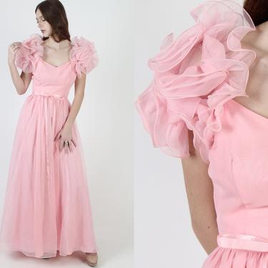 Vintage 70s Origami Ruffle Dress / Sheer Pink Chiffon Dramatic Dress / Floor Length Bridal Gown / Womens Stand Out Unique Maxi Dress 