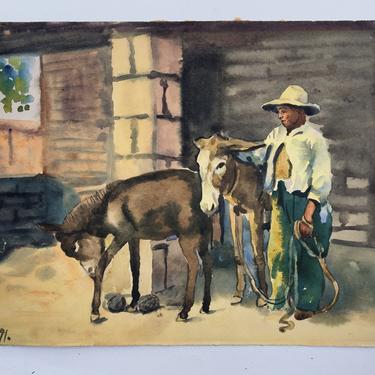 Original Watercolor, Boy With 2 Donkeys, HIspanic Boy Pettying Burro, Vintage Southwestern Decor, Signed By Artist, Bohemian Art 