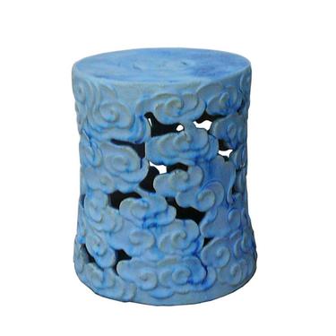 Ceramic Clay Light Blue Glaze Round Scroll Pattern Garden Stool cs456-5S