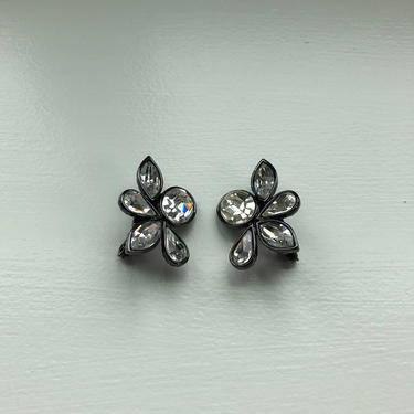 Pair of Designer Yves Saint Laurent Clear Crystal Glass and Dark Pewter Color Metal Clip-On Earrings 