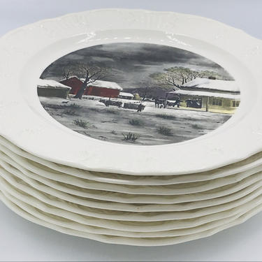 Vintage (9) Pc  Currier Ives Decorative Dinner Plates -Embossed Borders- Sunglo Studios mint 