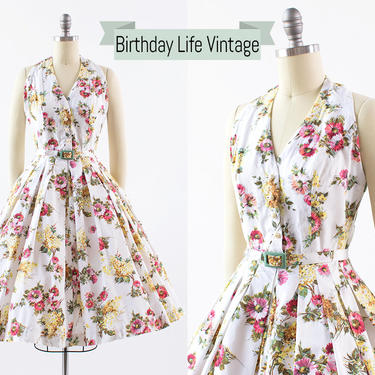 Vintage 1950s Dress | 50s Floral Cotton Halter Strap Sundress White Full Skirt Open Back Day Dress (x-small) 