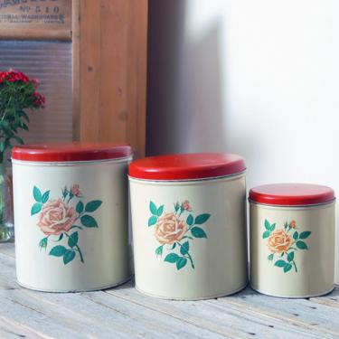 Vintage red floral canister tins / Decoware rose tins / set of 3 metal flower print canisters / cottagecore / retro kitchen / shabby chic 