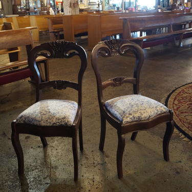 Small Blue and White Wood Chairs w Floral Carvings PAIR