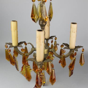 Chandelier, Small Bronze four-light with amber glass prisms, beeswax sleeves, Local Alexandria VA Pick up ONLY 
