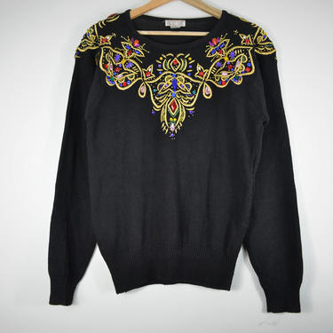 Black Jeweled Collar Sweater with Gold Detailing- Be Dazzled Sweater 