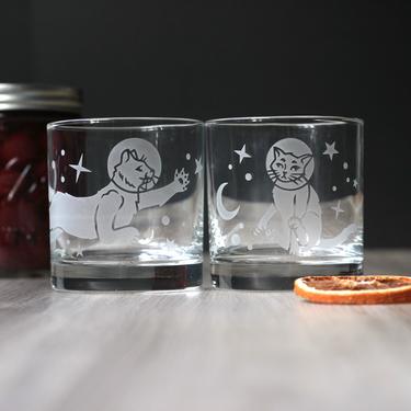 Space Cats Etched Glass Astronaut Tumblers - Celestial Home Decor 