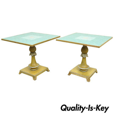 Pair of Italian Carved Wood Blue Tile Top Pineapple Pedestal Tables Jansen Era