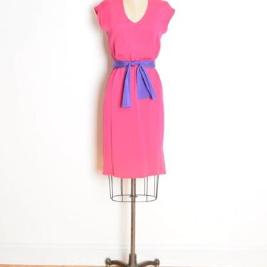 vintage 80s dress magenta pink purple belt simple color block dress S clothing 