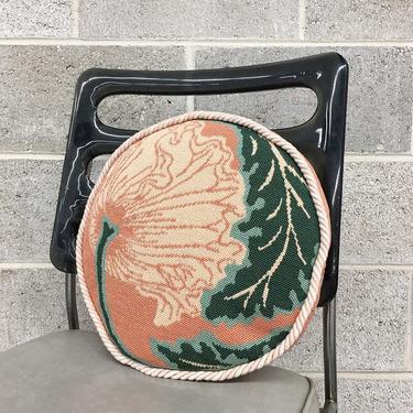 Vintage Pillow Retro 1980s Size 14x14 + Embroidery + Handmade + Knit + Floral + Dusty Peach and Green + Round + Throw Pillow + Home Decor 