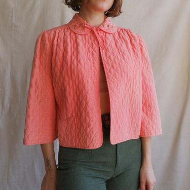 Vintage 40s Quilted Bed Jacket/ 1940s Pink Rhinestoned Beaded Cropped Tie Front Jacket/ Size Small Medium 