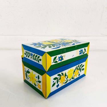 Vintage Metal Recipe Box White Yellow Blue Green 1970s Syndicate Manufacturing Co. Tin Made in USA Mid Century Recipes Phoenxville PA 