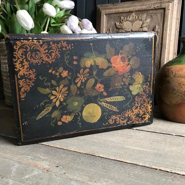 Antique Wood Treasure Box, Travel, Paint Decorated Floral Design, Treasure, Jewelry, Storage 
