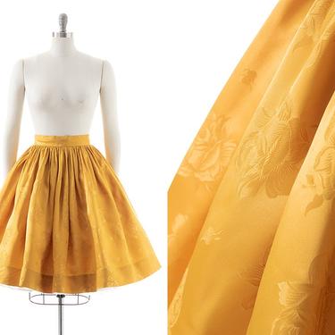 Vintage 1950s Skirt | 50s Rose Floral Satin Jacquard Gold Golden Formal Party Full Skirt (medium) 