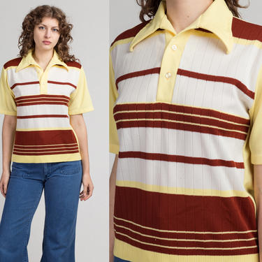 70s Yellow Striped Polo Top - Medium to Large | Vintage Unisex Short Sleeve Collared Shirt 