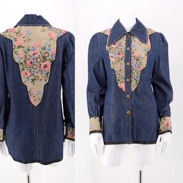 70s ROBERTO CAVALLI painted suede and denim snap shirt / vintage 1970s hippy blouse top sz M- L 