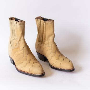Size 7-7.5 | Vintage Deadstock 80s Western Boot | Light Tan Cream Suede Chelsea Boots | 