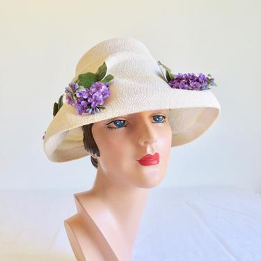 Vintage 1960's White Straw Bucket Hat with Lilac Lavender Flowers Trim Spring Summer Bridal Wedding Garden Party 60's Millinery Mr. John Jr. 