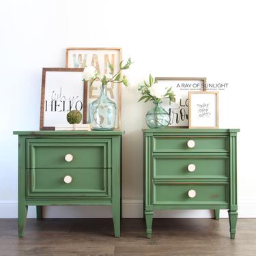 Emerald Green Pair of Nightstands - Mismatched Nightstands - Farmhouse Decor -Mid Century Modern - Painted Furniture - Vintage Furniture 