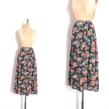 Vintage 1990s Skirt / 90s Dark Floral Rayon Maxi Skirt / Black Pink Green ( medium M ) 