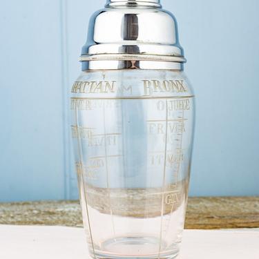 Antique Etched Glass and Chrome Recipe Cocktail Shaker