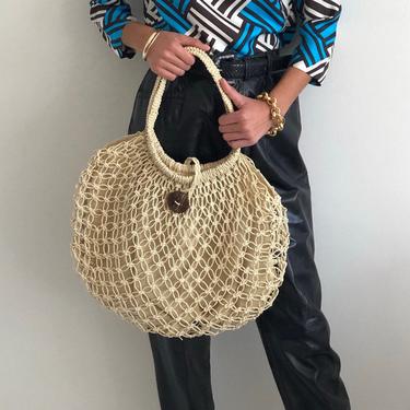 vintage straw bag purse / large woven straw raffia lined string market bag purse 