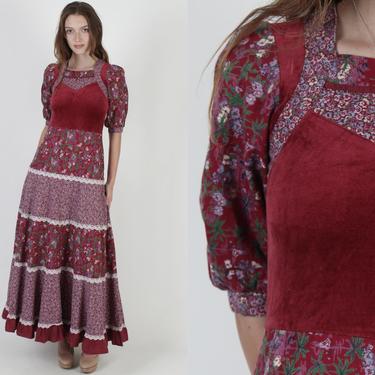 Vintage 70s Burgundy Calico Dress / Velvet Chest Country Inspired Dress / Womens Prairie Festival Style Maxi Dress 
