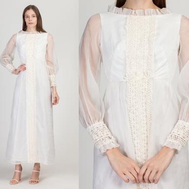 60s 70s Emma Domb White Swiss Dot Maxi Dress, As Is - Petite XS | Vintage Crochet Trim Boho Empire Waist Gown 