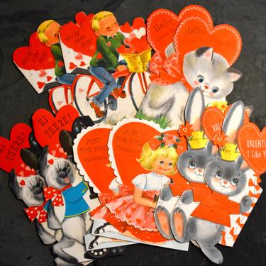 Set of 10 UNUSED Vintage Valentines Day Cards - 5 Sets of Matching Fold Open Cards - Bunny, Puppy, Kitten | FREE SHIPPING 