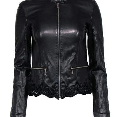 Patrizia Pepe - Black Leather Zip-Up Jacket w/ Lace Trim Sz 4