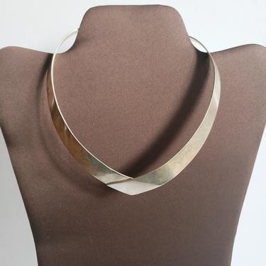 1970s Sterling Silver Modernist Necklace / 70s Minimalist Torque Choker Neck Ring Stamped 925 Clean Lines 