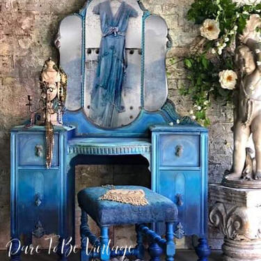 Vintage Vanity - Bohemian Blue Vanity - Vintage Makeup Vanity  - Dressing Table - Shabby Chic Vanity - Painted Vanity - Painted Furniture 