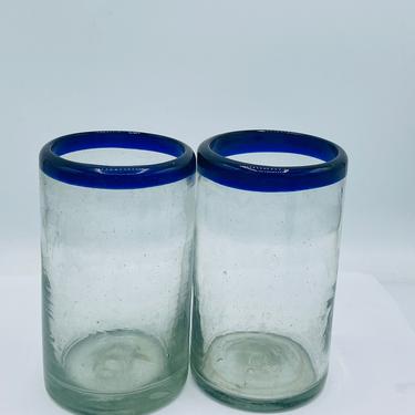 Pair of Handmade Blown Mexican Tumblers  Drinking Glasses Blue Rim- 5.5