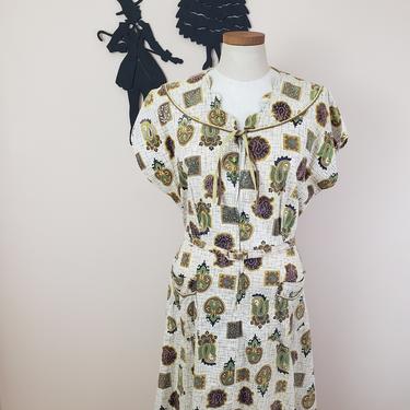 Vintage 1940's Paisley Cotton Dress / 50s Zip Front Day Dress XL/XXL 