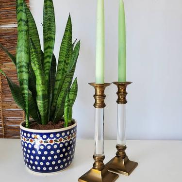 Vintage Lucite & Brass Candlestick Holder Pair 