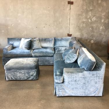 Custom One Piece L Shape Sofa &amp; Ottoman in Blue Velvet Upholstery