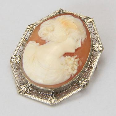 Vintage 14k White Gold Carved Shell Cameo Filigree Brooch Pin or Pendant 
