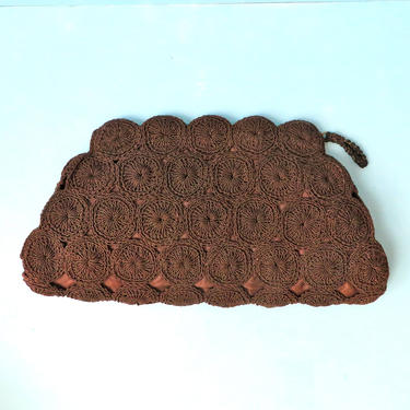 Vintage 1940's Large Chocolate Brown Crochet Clutch Purse WW2 Era Bag 