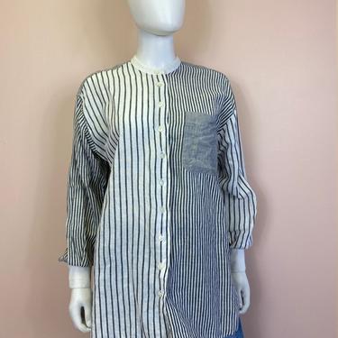Vtg 1980s Geoffrey Beene blue and white stripe button down blouse 