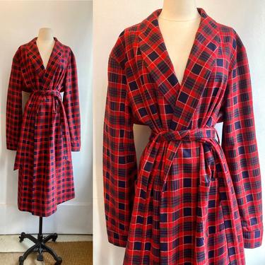 Vintage Red + Navy MID CENTURY CHECK Wool Robe / One-Size 