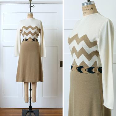 vintage 1970s knit dress • long sleeve wool blend zig-zag striped sweater dress by Cadillac 